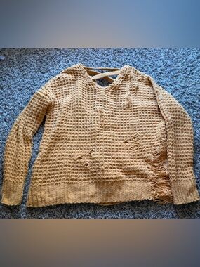 Moral Fiber Chunky Waffle-Knit Fringe Sweater - Mustard